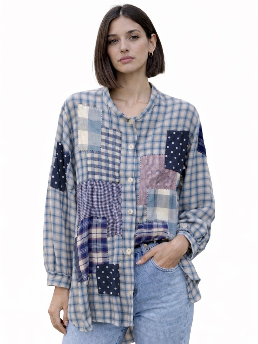 Magnolia Pearl Flannel Cotton Blue, Cream, Navy Patchwork Plaid Shirt